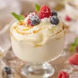 Crème Chiboust onctueuse, garnie de fruits rouges frais, de coulis caramel et saupoudrée de sucre glace. Un délice visuel et gustatif.