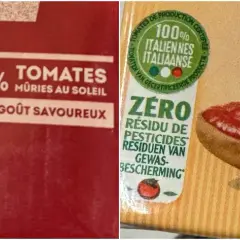 Une cuillère en bois déborde de tomate concassée, promesse d'un goût savoureux. 100% tomates italiennes, sans sel ajouté.
