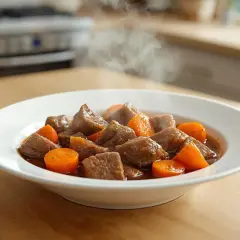 Un plat fumant de boeuf carottes, un classique réconfortant, servi dans une assiette blanche sur une table en bois.