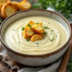 Un bol de soupe crémeuse, garnie de croûtons dorés et d'herbes fraîches. Un délice réconfortant, parfait pour un repas de soupe aux choux.