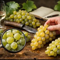 Une main examine une grappe de raisins blancs sous une loupe, à côté d'un verre de vin blanc et d'un carnet. Une liste des cépages blancs est peut-être en cours de rédaction.