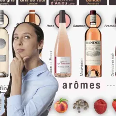 Une femme réfléchit devant des bouteilles de vin rosé, cherchant le meilleur rosé de Provence. Citron, pêche, poivre, framboise, fraise, rose.