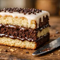 Un délicieux napolitain maison, avec ses couches de génoise et de chocolat, nappé de glaçage blanc et parsemé de vermicelles.