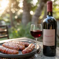 Un verre de vin rouge et des saucisses grillées sur une assiette, avec une bouteille de vin "Roagall" à côté. Parfait pour un repas en plein air.