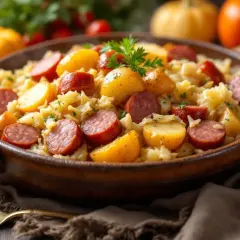 Plat de choucroute facile avec chou cuit, pommes de terre et saucisses, garni de persil. Parfait pour un repas réconfortant.