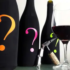 Trois bouteilles mystérieuses, ornées de points d'interrogation colorés, attendent leur dégustation. Un verre de Bourgogne rouge est prêt, suggérant un temps de garde prometteur.