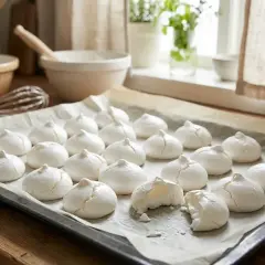 Une plaque de cuisson remplie de meringues italiennes, certaines craquelées, prêtes à être dégustées.
