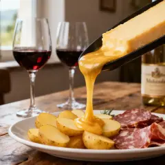 Un délicieux raclette coulant sur des pommes de terre et de la charcuterie, accompagné d'un verre de vin rouge. Parfait pour une soirée d'hiver.