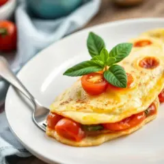 Délicieuse omelette tomate garnie de basilic frais, prête à être dégustée.