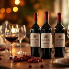 Trois bouteilles de vin rouge Côte Rôtie, un verre déjà servi, et des baies rouges sur une table en bois. Un millésime d'exception pour une dégustation parfaite.