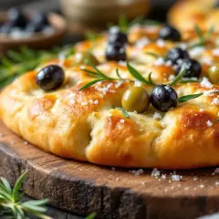 Focaccia moelleuse garnie d'olives noires et vertes, de romarin et de gros sel. Une délicieuse recette de focaccia prête à être dégustée.