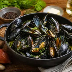 Un plat fumant de moules marinières, prêt à être dégusté. Une recette simple et savoureuse.