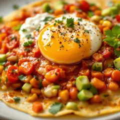 Un plat de huevos rancheros avec un œuf au plat coulant sur une tortilla garnie de tomates, d'avocat et de coriandre.