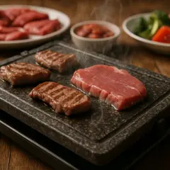Viande crue et grillée sur une pierrade fumante. Une question se pose : quel vin avec une pierrade ? Accompagné de légumes et de sauce.