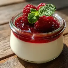 Délicieuse panna cotta à l'agar agar, garnie de framboises fraîches et d'une touche de menthe, dans un pot en verre sur fond de bois.