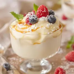 Crème Chiboust onctueuse, garnie de fruits rouges frais, de coulis caramel et saupoudrée de sucre glace. Un délice visuel et gustatif.
