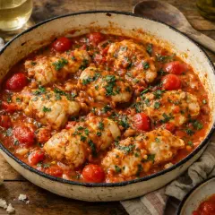 Un plat de lotte au four mijotant dans une sauce tomate avec des tomates cerises, garni de persil frais. Du pain croustillant est à côté.