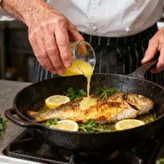 Un chef arrose un filet de loup doré dans une poêle avec une sauce au citron et aux herbes.