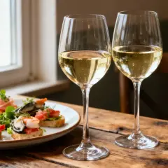 Deux verres de vin corse blanc pétillant, accompagnés de délicieux toasts aux fruits de mer et d'une tranche de citron vert.