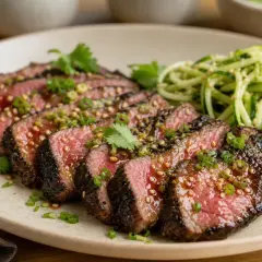 Tranches de tataki de boeuf, grillées et juteuses, garnies de graines de sésame et de ciboule, servies avec une salade de concombre croquante.