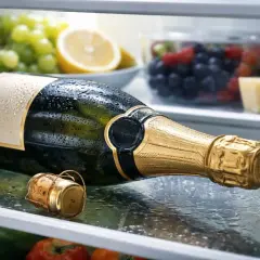 Bouteille de champagne givrée dans un réfrigérateur, avec des fruits et du fromage. Combien de temps se conserve le champagne ? La réponse est dans le froid.