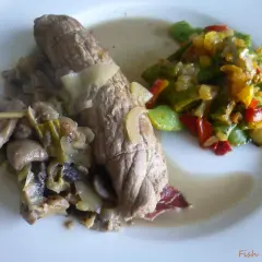 Un plat de bocconcini de veau tendre, servi avec des champignons sautés et des poivrons colorés. Un délice !