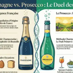 Le Champagne, un vin français d'exception, et le Prosecco, vin pétillant italien. Comparaison des méthodes et saveurs.