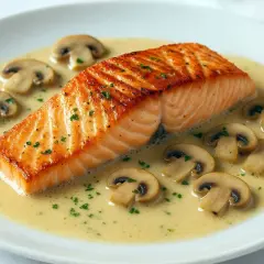 Un filet de saumon grillé, nappé d'une sauce crémeuse et garni de champignons. Un accompagnement parfait pour un saumon au champagne.