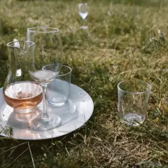 Verre à vin rosé sur une assiette blanche, prêt à être dégusté à la température parfaite dans l'herbe.