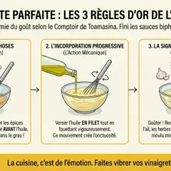 Recette vinaigrette moutarde : 3 étapes pour une émulsion parfaite. Dissoudre, incorporer l'huile en filet, puis ajuster les arômes.