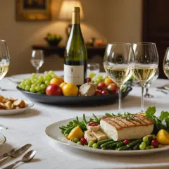 Un dîner élégant avec un plat de poisson grillé, des légumes verts, des fruits frais, et une bouteille de Chablis, parfait pour accompagner un foie gras.