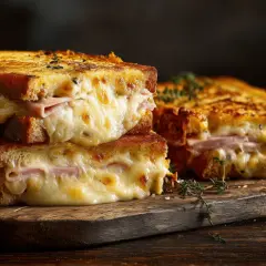 Deux croque monsieur au four empilés, leur fromage fondant dégouline sur du pain grillé doré. Un délice réconfortant.