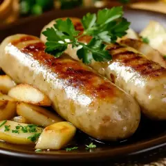 Deux saucisses blanches grillées, accompagnées de pommes de terre rôties et de persil frais. Un plat savoureux, quelle pomme avec boudin blanc !