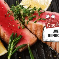 Deux beaux steaks de thon grillés, ornés de pousses vertes, de romarin et de quartiers de citron. La question "Que boire avec du poisson ?" est affichée.
