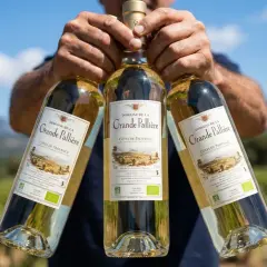 Trois bouteilles de vin blanc de la Grande Pallière, Côtes de Provence. Un vin blanc lichette sec ou moelleux, parfait pour l'été.