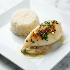 Seiche à la plancha, dorée et garnie d'herbes fraîches, servie avec une portion de riz blanc. Un plat simple et savoureux.