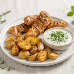 Brochettes d'araignée de porc grillées, pommes de terre rôties et sauce crémeuse aux herbes. Une recette gastronomique savoureuse.