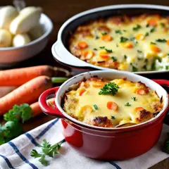 Délicieuse recette cocotte individuelle gratinée, garnie de carottes et persil frais. Un plat réconfortant.
