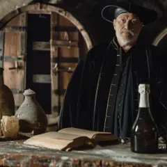 Un homme en habit d'époque, peut-être celui qui a créé le champagne, pose devant des bouteilles et des tonneaux anciens.