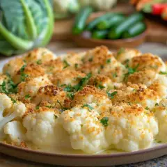 Choux fleur au four à la crème, gratiné avec une chapelure dorée et persil frais. Un délice crémeux et croustillant.