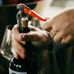 Un homme ouvre une bouteille de vin rouge avec un tire-bouchon. La scène évoque le plaisir de la dégustation et la conservation du vin.