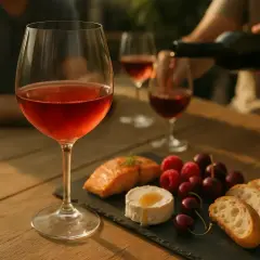Un verre de vin rouge léger, du saumon, du fromage, des fruits et du pain sur une table en bois.