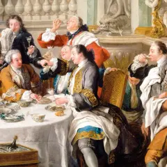 Scène de banquet où des hommes en habits d'époque dégustent des huîtres et du champagne, évoquant l'histoire du champagne.