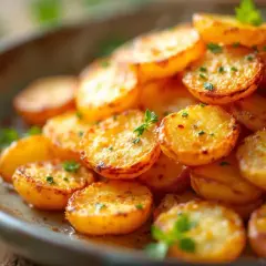 Assiette de pommes de terre rôties, dorées et garnies de persil frais. Une délicieuse recette de pomme de terre facile à réaliser.