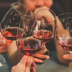 Des mains portent des verres de vin rouge, évoquant la convivialité et les riches régions viticoles de France.