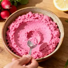 Un bol de tarama rose vif, prêt à être dégusté. Une recette simple et savoureuse.