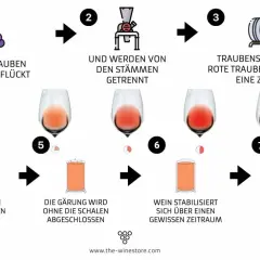 Le vin rosé est fait en laissant le jus de raisin rouge macérer brièvement avec les peaux, puis en séparant le jus pour la fermentation.