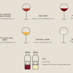 Infographie sur combien de temps se garde une bouteille de vin fermée : blancs corsés (1-2j), rouges (4j), rosés (3j), pétillants (2j), naturels (2-3j), fortifiés (28j).