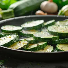 Tranches de courgettes assaisonnées cuisant dans une poêle, prêtes pour une délicieuse recette de courgette à la poêle.