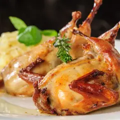 Deux cailles rôties, dorées et appétissantes, servies avec une purée crémeuse et garnies d'herbes fraîches. Un délice de filet de caille.